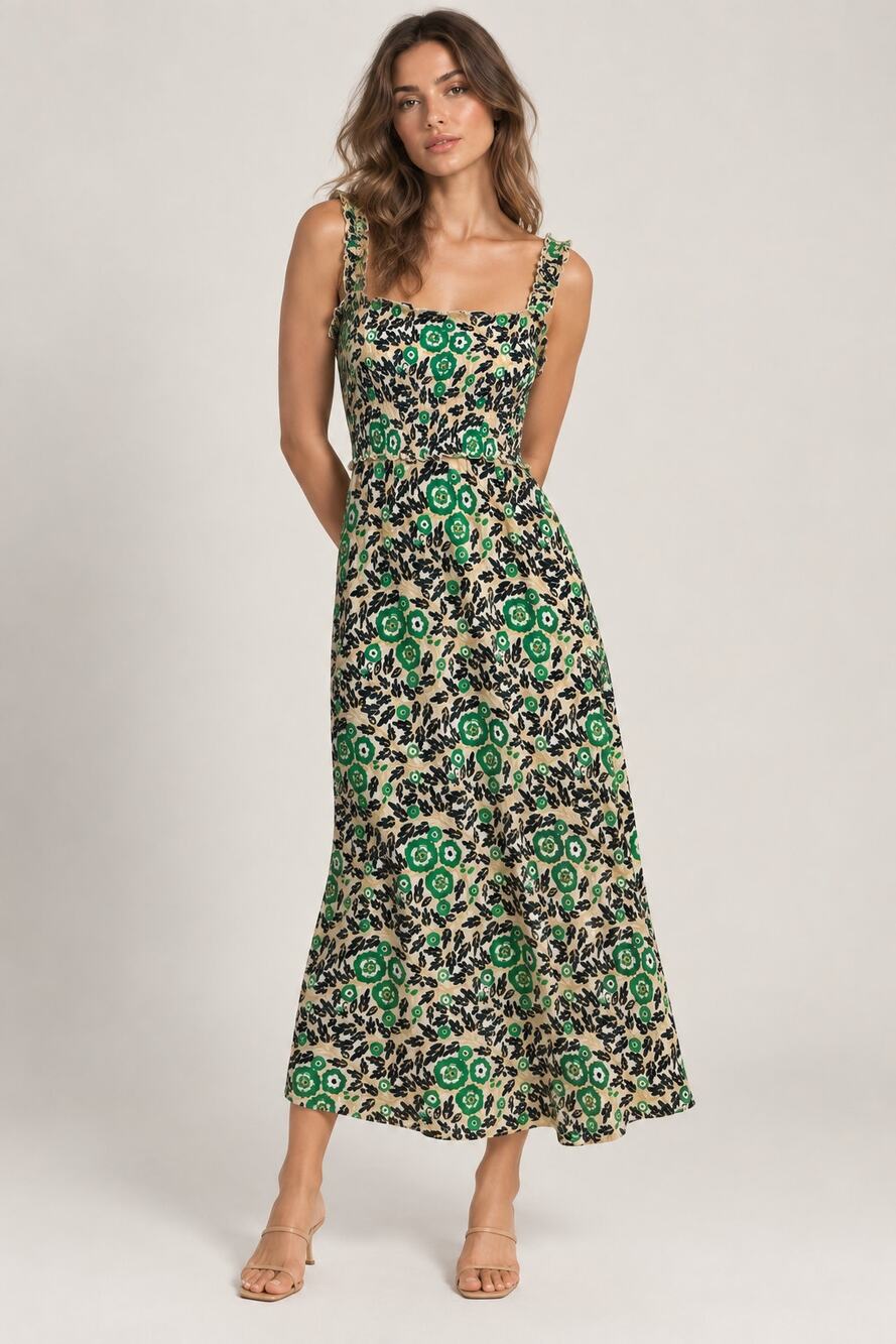 ME+EM Green Floral Print Cotton Smocked Midi/Maxi Dress sz 4